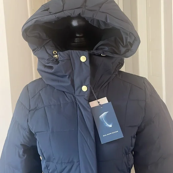 Cole Haan Signature Navy Long Down Puffer Coat Hooded Size XS NWT - Picture 8 of 11